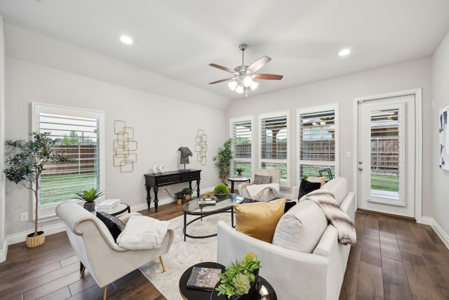 8517 Holliday Creek Way, Mckinney, TX 75071 - living area with a ceiling fan, dark wood-style floors, baseboards, and recessed lighting