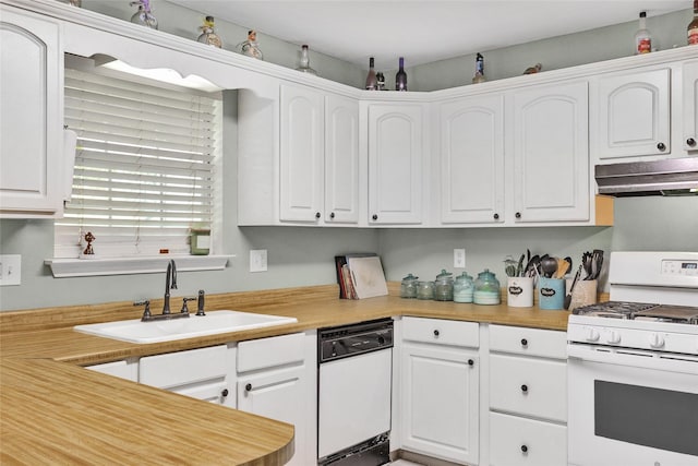 103 Elm St, Roxton, TX 75477 - kitchen featuring white cabinetry, a sink, under cabinet range hood, and white appliances