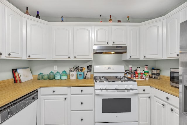 103 Elm St, Roxton, TX 75477 - kitchen featuring light countertops, white cabinetry, under cabinet range hood, and white appliances