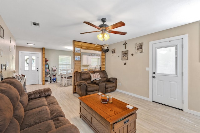 103 Elm St, Roxton, TX 75477 - living area with baseboards, light wood-style flooring, visible vents, and ceiling fan