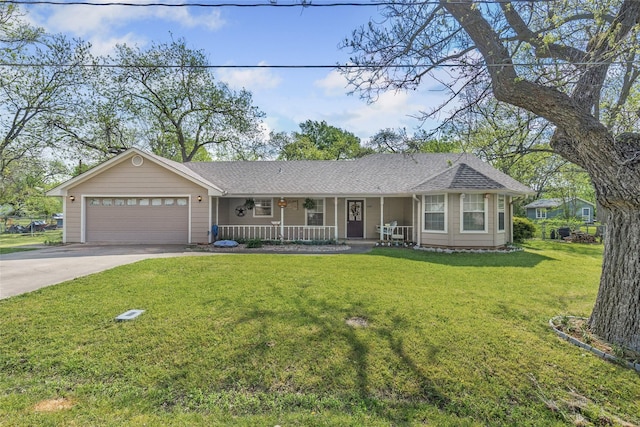 103 Elm St, Roxton, TX 75477 - single story home with concrete driveway, a front lawn, a shingled roof, covered porch, and a garage