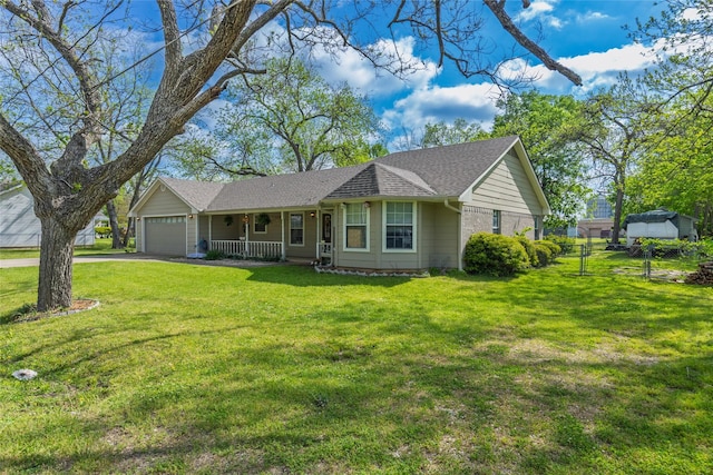 103 Elm St, Roxton, TX 75477 - ranch-style home with fence, a front lawn, driveway, a porch, and a garage
