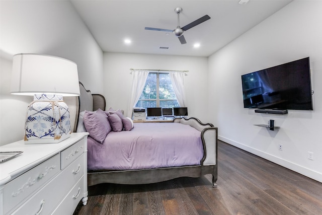 bedroom with ceiling fan, visible vents, baseboards, and dark wood-style flooring