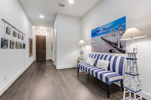 sitting room featuring recessed lighting, hardwood / wood-style floors, visible vents, and baseboards