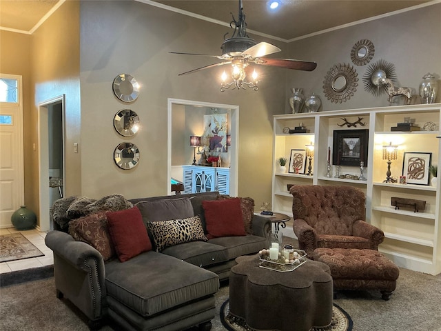 1302 Summit Dr, Mexia, TX 76667 - carpeted living room featuring a towering ceiling, a ceiling fan, and crown molding