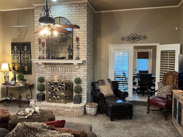 1302 Summit Dr, Mexia, TX 76667 - carpeted living room featuring a fireplace, ceiling fan, and crown molding