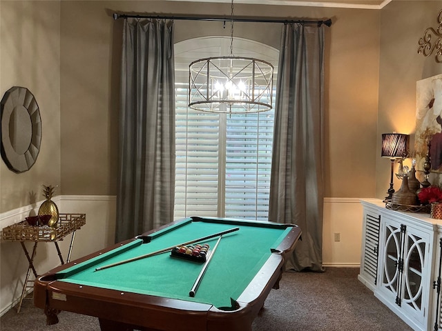1302 Summit Dr, Mexia, TX 76667 - recreation room featuring baseboards, carpet, a notable chandelier, and billiards