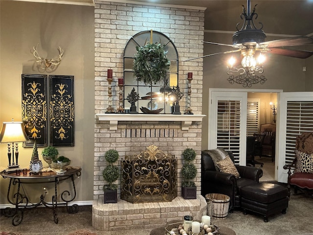 1302 Summit Dr, Mexia, TX 76667 - living area featuring carpet, a brick fireplace, baseboards, and ceiling fan
