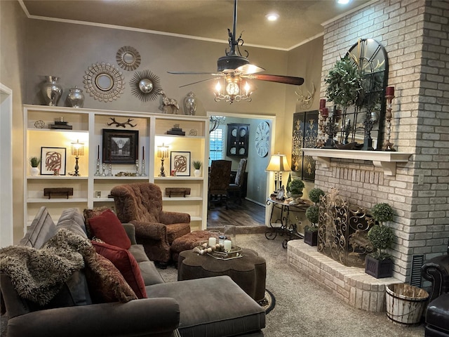1302 Summit Dr, Mexia, TX 76667 - carpeted living area with a fireplace, ornamental molding, and ceiling fan