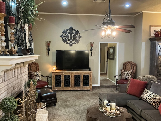 1302 Summit Dr, Mexia, TX 76667 - carpeted living room featuring a fireplace, recessed lighting, ceiling fan, and crown molding