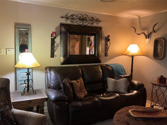 1302 Summit Dr, Mexia, TX 76667 - tiled living room with a textured ceiling and ornamental molding