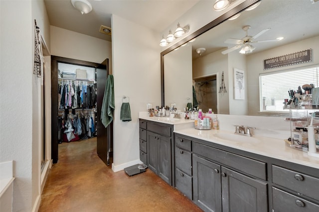 3408 Fm 2280, Cleburne, TX 76031 - bathroom featuring finished concrete flooring, double vanity, an enclosed shower, and a ceiling fan