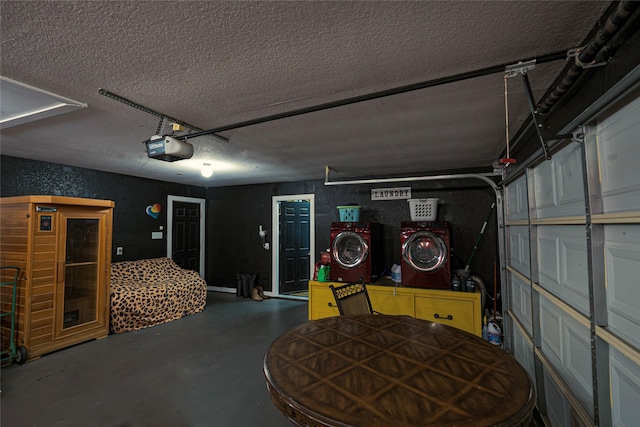 3408 Fm 2280, Cleburne, TX 76031 - garage with washing machine and clothes dryer, a garage door opener, and a textured wall