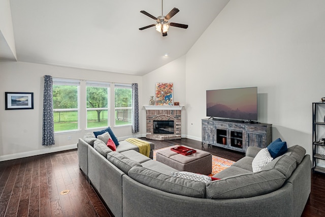 4409 Switchgrass St, Celina, TX 75009 - living room featuring high vaulted ceiling, baseboards, a ceiling fan, and dark wood-style floors
