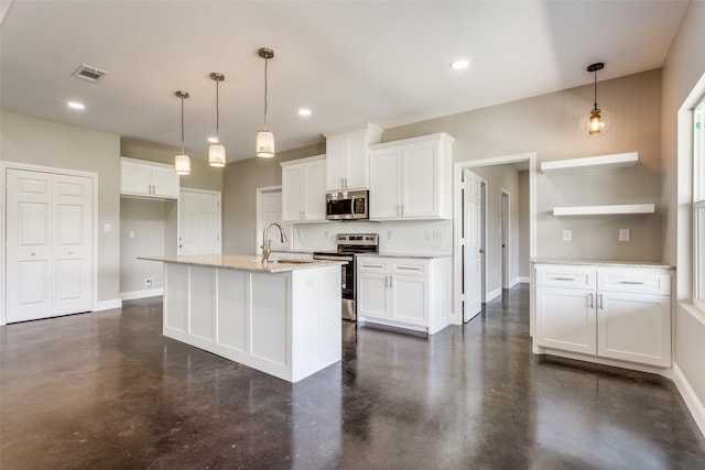 kitchen with open shelves, white cabinetry, appliances with stainless steel finishes, and concrete flooring
