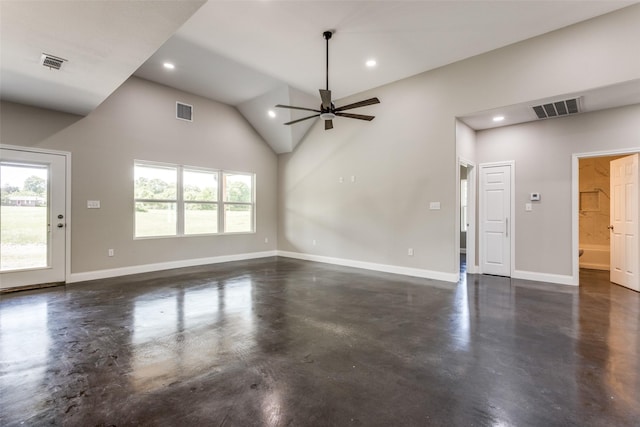 unfurnished living room featuring baseboards, a ceiling fan, finished concrete floors, and visible vents