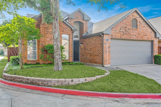 traditional-style home with a front lawn, brick siding, a shingled roof, concrete driveway, and an attached garage