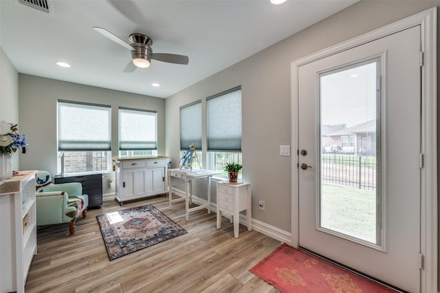 1232 Bright Stars Dr, Little Elm, TX 76227 - doorway to outside with light wood-type flooring, visible vents, recessed lighting, ceiling fan, and baseboards