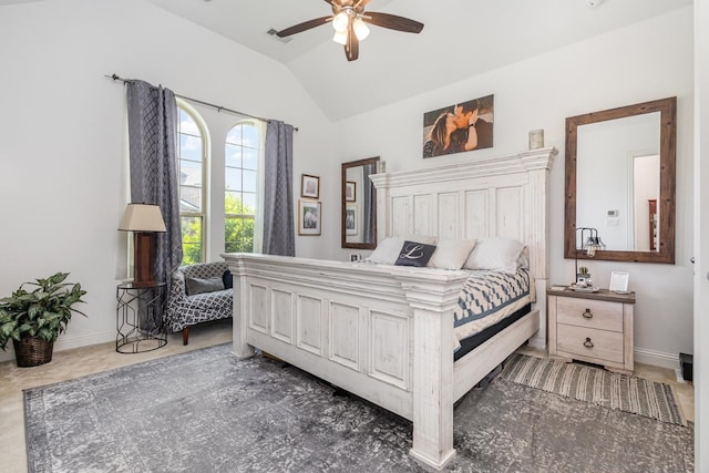 bedroom with baseboards, a ceiling fan, and vaulted ceiling