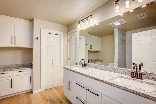 full bathroom featuring wood finished floors, a sink, visible vents, and double vanity