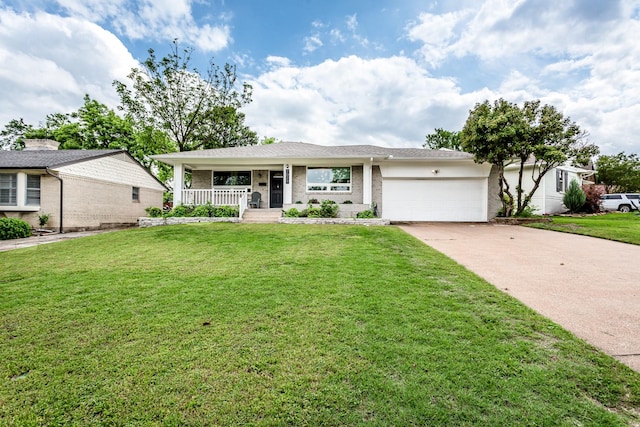 single story home featuring a garage, concrete driveway, a porch, and a front yard