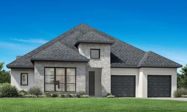 113 Birch Blvd, Murphy, TX 75094 - view of front of home featuring an attached garage, stone siding, a shingled roof, a front lawn, and driveway