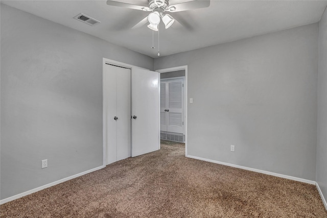 4225 Dawn Dr, Benbrook, TX 76116 - unfurnished bedroom featuring visible vents, a closet, baseboards, carpet flooring, and ceiling fan