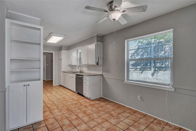 4225 Dawn Dr, Benbrook, TX 76116 - kitchen with stainless steel dishwasher, a ceiling fan, a sink, wainscoting, and white cabinets