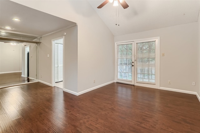 unfurnished room featuring wood finished floors, baseboards, ceiling fan, recessed lighting, and vaulted ceiling