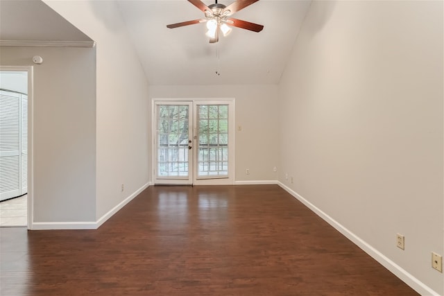 empty room with baseboards, dark wood-style flooring, ceiling fan, and high vaulted ceiling