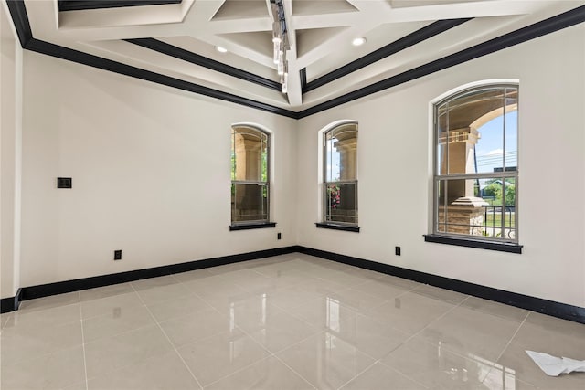 unfurnished room featuring beam ceiling, light tile patterned flooring, baseboards, recessed lighting, and coffered ceiling