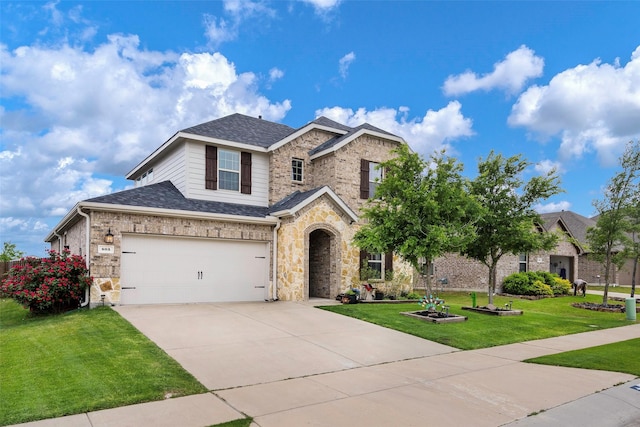503 Saddle Club Way, Princeton, TX 75407 - view of front of house featuring a front lawn, driveway, stone siding, roof with shingles, and a garage