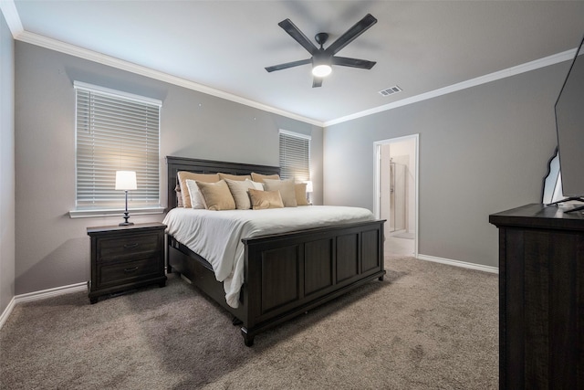 503 Saddle Club Way, Princeton, TX 75407 - carpeted bedroom featuring ceiling fan, visible vents, baseboards, and ornamental molding