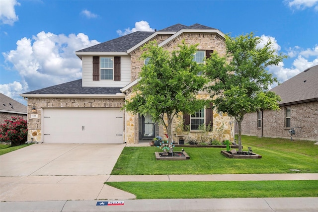 503 Saddle Club Way, Princeton, TX 75407 - view of front facade with stone siding, a shingled roof, a front lawn, and driveway