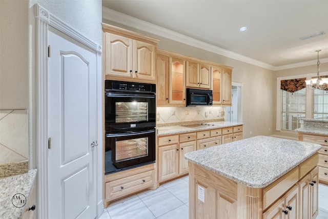 kitchen with visible vents, decorative backsplash, crown molding, light brown cabinets, and black appliances