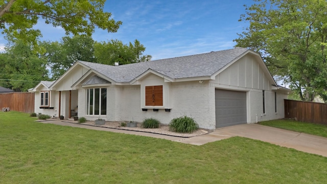 ranch-style home featuring brick siding, an attached garage, concrete driveway, and fence