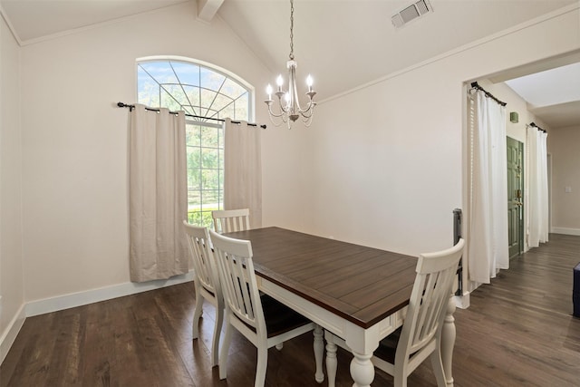dining area featuring lofted ceiling with beams, visible vents, a notable chandelier, and dark wood-style flooring