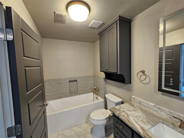 full bathroom with a textured ceiling, toilet, visible vents, marble finish floor, and a garden tub