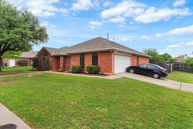 single story home featuring concrete driveway, a front lawn, fence, a garage, and brick siding