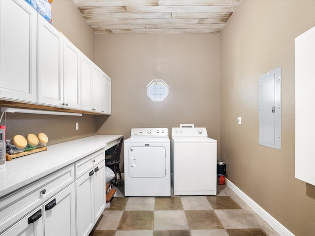 laundry area with cabinet space, baseboards, electric panel, and washer and dryer