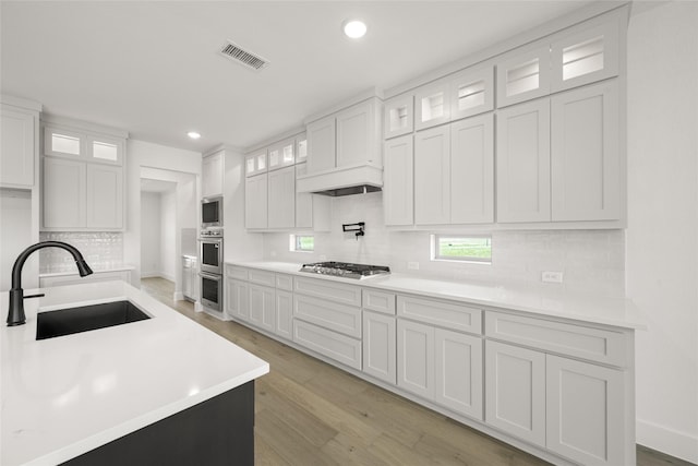 301 E Cheyenne Mountain Cor, Ovilla, TX 75154 - kitchen featuring a sink, appliances with stainless steel finishes, light wood-style flooring, backsplash, and white cabinetry