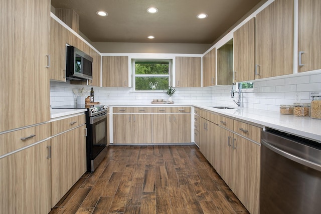 kitchen featuring recessed lighting, dark wood-style floors, stainless steel appliances, and a sink