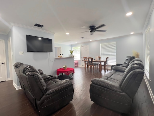 2631 Lillian St, Shreveport, LA 71103 - living room featuring recessed lighting, dark wood-style floors, visible vents, a ceiling fan, and crown molding