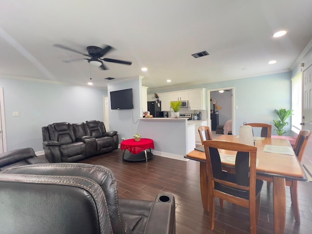 2631 Lillian St, Shreveport, LA 71103 - living area featuring dark wood finished floors, visible vents, recessed lighting, ceiling fan, and ornamental molding