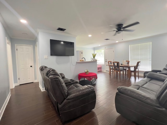 2631 Lillian St, Shreveport, LA 71103 - living area featuring baseboards, recessed lighting, a ceiling fan, dark wood-type flooring, and ornamental molding
