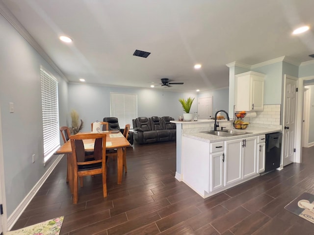 2631 Lillian St, Shreveport, LA 71103 - kitchen featuring a ceiling fan, a sink, ornamental molding, black dishwasher, and recessed lighting