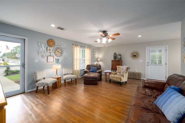 310 Otis St, Whitesboro, TX 76273 - living room featuring plenty of natural light, wood finished floors, ceiling fan, recessed lighting, and baseboards