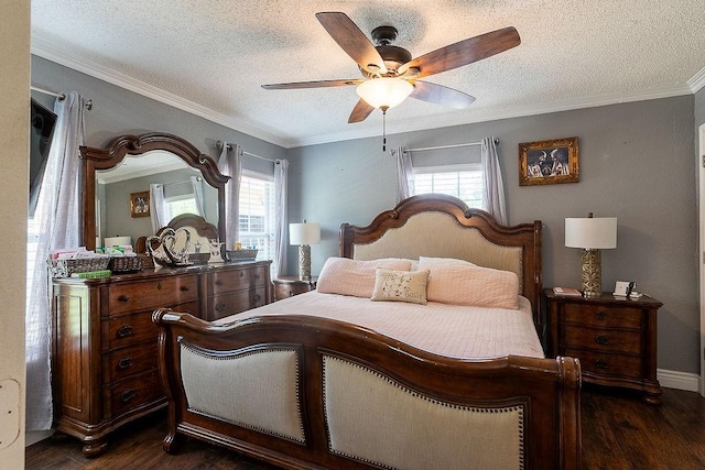 2617 Bourland St, Greenville, TX 75401 - bedroom with dark wood-style flooring, a textured ceiling, crown molding, a ceiling fan, and baseboards