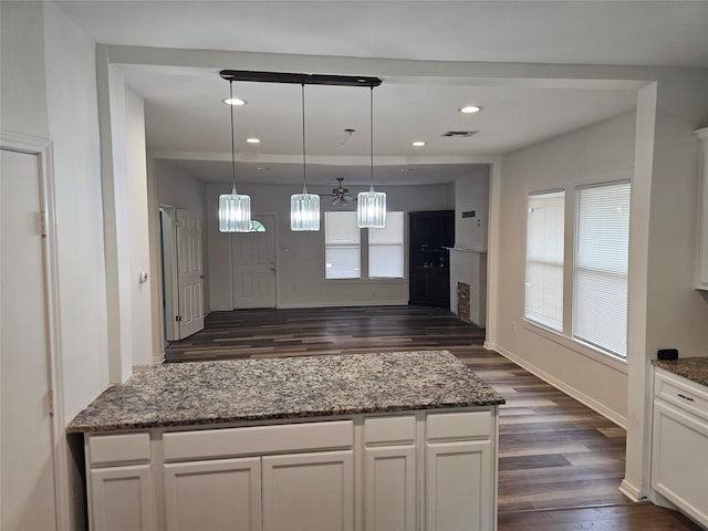 1704 Proctor Ave, Waco, TX 76708 - kitchen featuring dark wood-type flooring, plenty of natural light, white cabinets, dark stone countertops, and recessed lighting