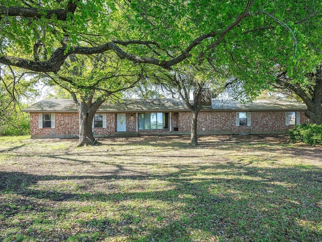 ranch-style home with a front yard and brick siding